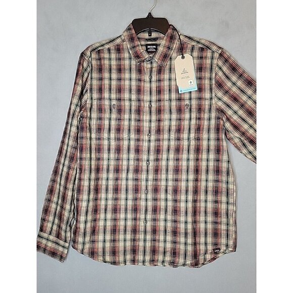 prAna Button Up Flannel Shirt Men's Small Brown Plaid Organic Cotton, NWT $79 - Picture 1 of 8